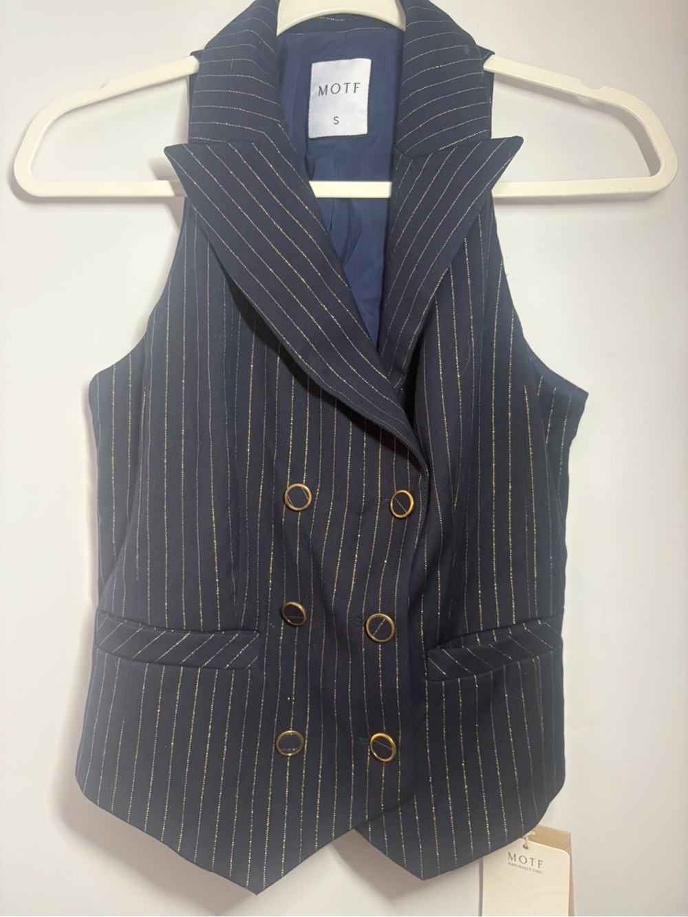 MOTF Navy Pinstripe Double-Breasted Vest with Gold Buttons